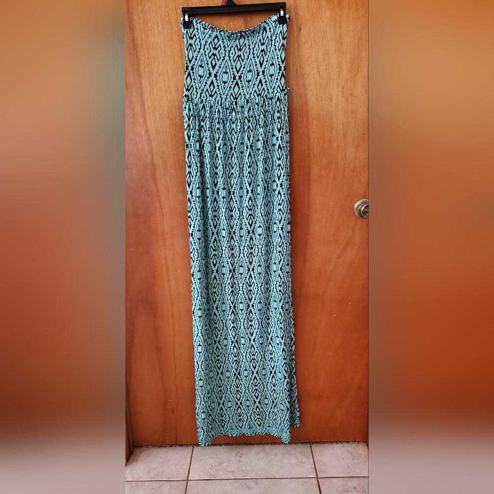 Teal strapless dress.